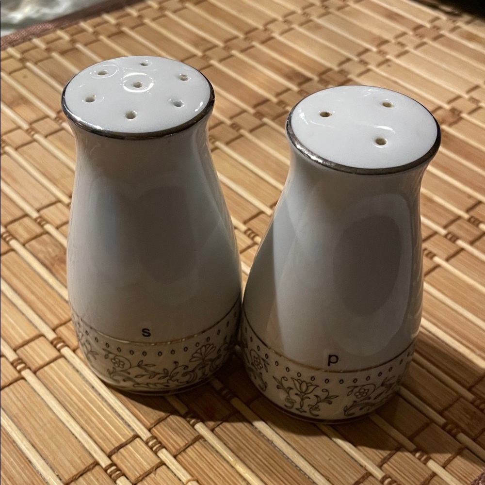 Noritake White and Silver Salt and Pepper Shakers